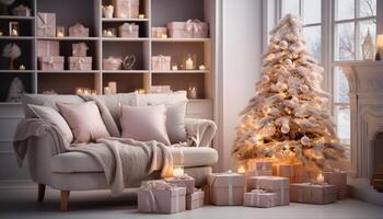 AI generated Cozy living room, illuminated by Christmas lights, celebrates winter comfort generated by AI photo