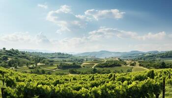 AI generated Tranquil vineyard landscape, green meadow, blue sky, grape winemaking generated by AI photo