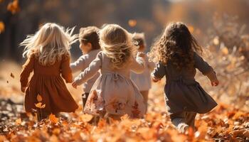 AI generated Smiling girls playing outdoors, enjoying autumn beauty and togetherness generated by AI photo