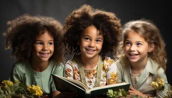 ai generado sonriente muchachas leyendo libro, alegre Niños aprendiendo, linda niños unión generado por ai foto