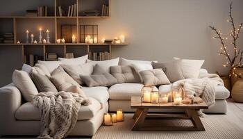 AI generated Cozy modern living room, illuminated by candlelight, comfortable sofa generated by AI photo