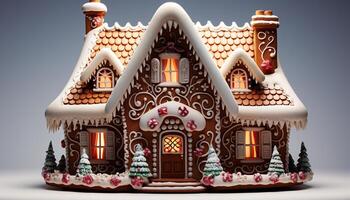 AI generated Gingerbread house, snowflake roof, sweet candy decoration, winter celebration generated by AI photo