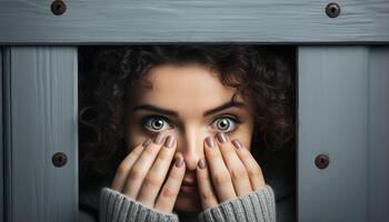 ai generado joven mujer con marrón pelo mirando a cámara, sonriente y triste generado por ai foto