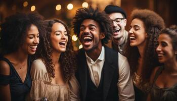 ai generado un alegre grupo de joven adultos celebrando, sonriente y bailando generado por ai foto