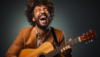 ai generado uno hombre jugando guitarra, cantando, sonriente, en un estudio Disparo generado por ai foto