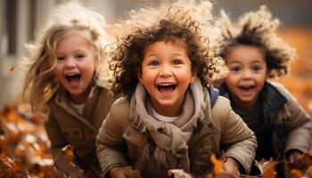 ai generado sonriente niños jugando al aire libre, disfrutando otoño naturaleza, unión en unión generado por ai foto