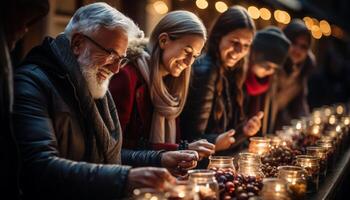 ai generado un alegre grupo celebra Navidad, unión terminado comida y amor generado por ai foto