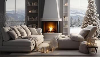 AI generated Cozy winter living room with modern design, comfortable sofa generated by AI photo