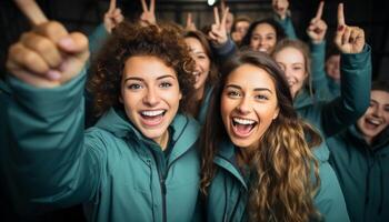 ai generado un grupo de joven adultos aplausos, sonriente, y celebrando éxito generado por ai foto