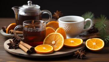 AI generated Hot drink on wooden table, winter warmth with citrus freshness generated by AI photo