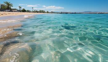 AI generated Tropical coastline, turquoise waters, sandy beach, clear sky, tranquil generated by AI photo