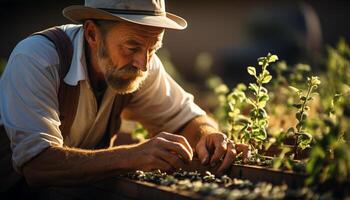ai generado mayor hombre trabajando al aire libre en un vegetal jardín, plantando y cosecha generado por ai foto