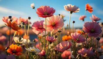 ai generado vibrante flores floración en el prado, pintura naturaleza vistoso lona generado por ai foto