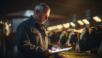 AI generated A mature farmer expertly tending to livestock on his farm generated by AI photo