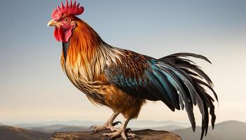 ai generado majestuoso gallo en pie orgulloso, rodeado por naturaleza vibrante colores generado por ai foto