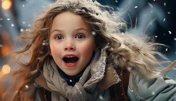 ai generado sonriente invierno chica, alegre y lindo, disfrutando Nevado naturaleza generado por ai foto