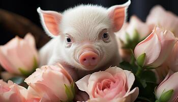 ai generado linda perrito mirando a rosado flor, naturaleza adorable regalo generado por ai foto