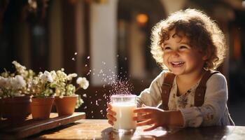 ai generado sonriente niño disfrutando leche, sentado a mesa, mirando a cámara generado por ai foto