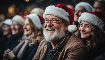 AI generated A large group of smiling adults celebrating Christmas together outdoors generated by AI photo