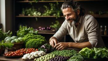 AI generated A smiling man, preparing fresh vegetarian salad in his kitchen generated by AI photo