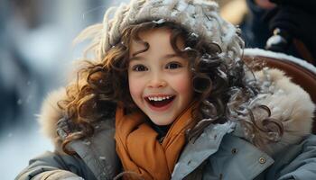 ai generado sonriente invierno niña al aire libre, alegre y juguetón en calentar ropa generado por ai foto