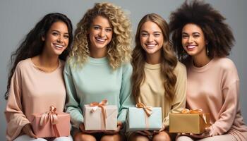 AI generated Group of young adults smiling, holding gift, celebrating birthday together generated by AI photo