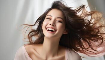 AI generated Young woman with long brown hair smiling, a portrait of beauty generated by AI photo