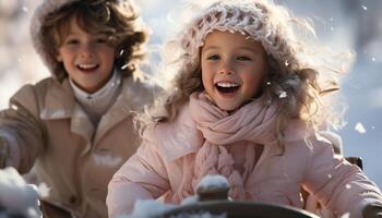 ai generado sonriente niño jugando en el nieve, disfrutando invierno con familia generado por ai foto