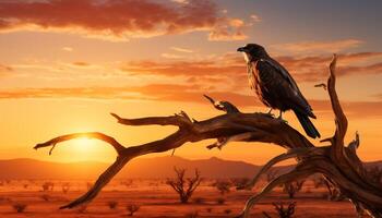 ai generado silueta de pájaro encaramado en acacia árbol a puesta de sol generado por ai foto