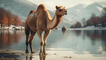 AI generated A camel stands in the desert, reflecting the tranquil beauty generated by AI photo