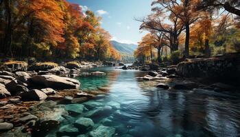 ai generado tranquilo otoño bosque, montaña cima, reflejando vistoso follaje en estanque generado por ai foto