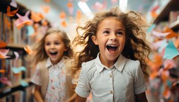 AI generated Smiling girls, cheerful boys, cute siblings playing, joyful childhood fun generated by AI photo