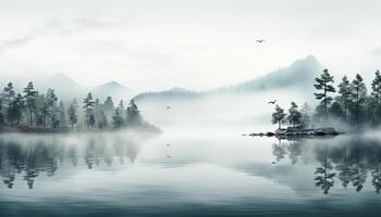 AI generated Tranquil scene  mountain range reflects in serene, foggy pond generated by AI photo