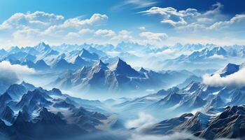 AI generated Majestic mountain peak, blue sky, tranquil landscape, snow covered beauty generated by AI photo