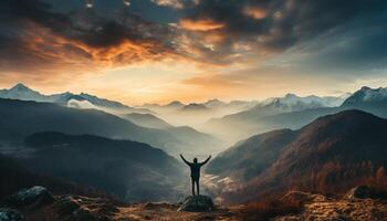 ai generado uno persona en pie en parte superior de majestuoso montaña pico generado por ai foto