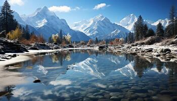 AI generated Majestic mountain peak reflects in tranquil frozen pond generated by AI photo
