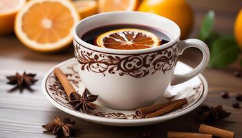 AI generated Hot drink, coffee cup, citrus fruit, refreshing, organic, relaxation generated by AI photo