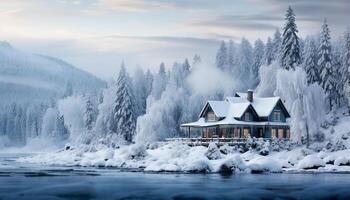 AI generated Winter landscape  snow covered mountains, frozen lake, cozy cottage, tranquil scene generated by AI photo