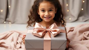 AI generated Smiling child holding gift box, celebrating birthday with joy generated by AI photo