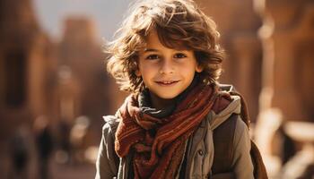 ai generado sonriente chico en calentar chaqueta disfruta otoño naturaleza al aire libre generado por ai foto