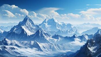 AI generated Majestic mountain peak, snow covered landscape, tranquil scene, frozen beauty generated by AI photo