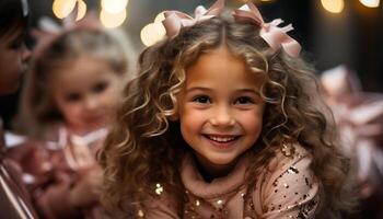 AI generated Smiling girls, cheerful boys, cute child, Christmas celebration, joyful family generated by AI photo