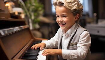 AI generated A cute boy playing piano, smiling with happiness and concentration generated by AI photo