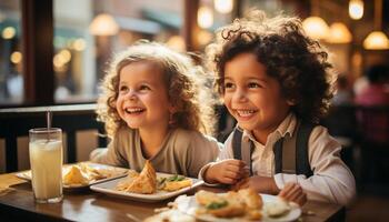 ai generado dos linda muchachas y Niños sonriente, disfrutando un comida juntos generado por ai foto