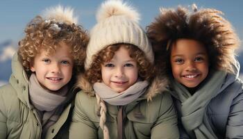 AI generated Smiling children playing outdoors, embracing nature, joyful winter fun generated by AI photo