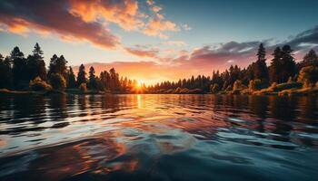 AI generated Tranquil sunset reflects vibrant autumn colors over tranquil pond generated by AI photo