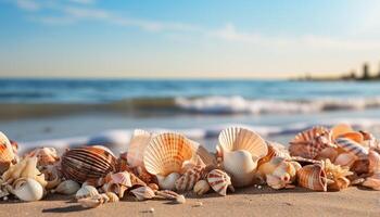 ai generado tranquilo línea costera, verano atardecer, conchas marinas Decorar arenoso playa generado por ai foto