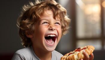 AI generated Smiling boy enjoying a snack, pure happiness in his eyes generated by AI photo