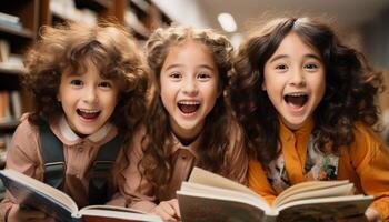 ai generado sonriente niños lectura, aprendiendo, y disfrutando educación en biblioteca generado por ai foto