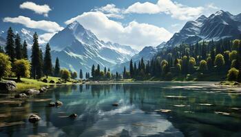 AI generated Majestic mountain peak reflects in tranquil pond, nature beauty generated by AI photo